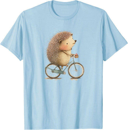 Hedgehog Riding a Bike, Cute Little Hedgie on the Bicycle T-Shirt - T-Shirt | Light Blue