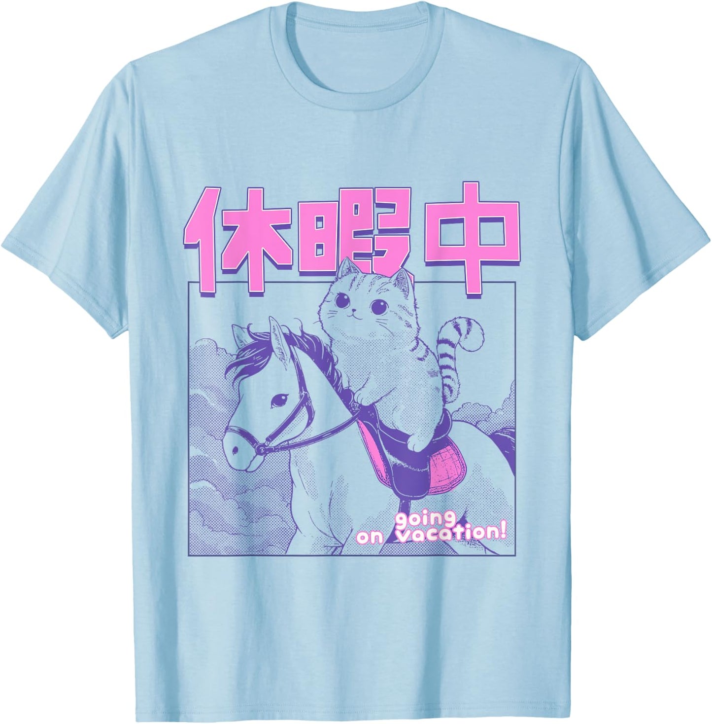 Kawaii Japanese Cat Riding Horse Vacation Anime Cat Lover Men Women Girls Kids T-Shirt - T-Shirt | Light Blue