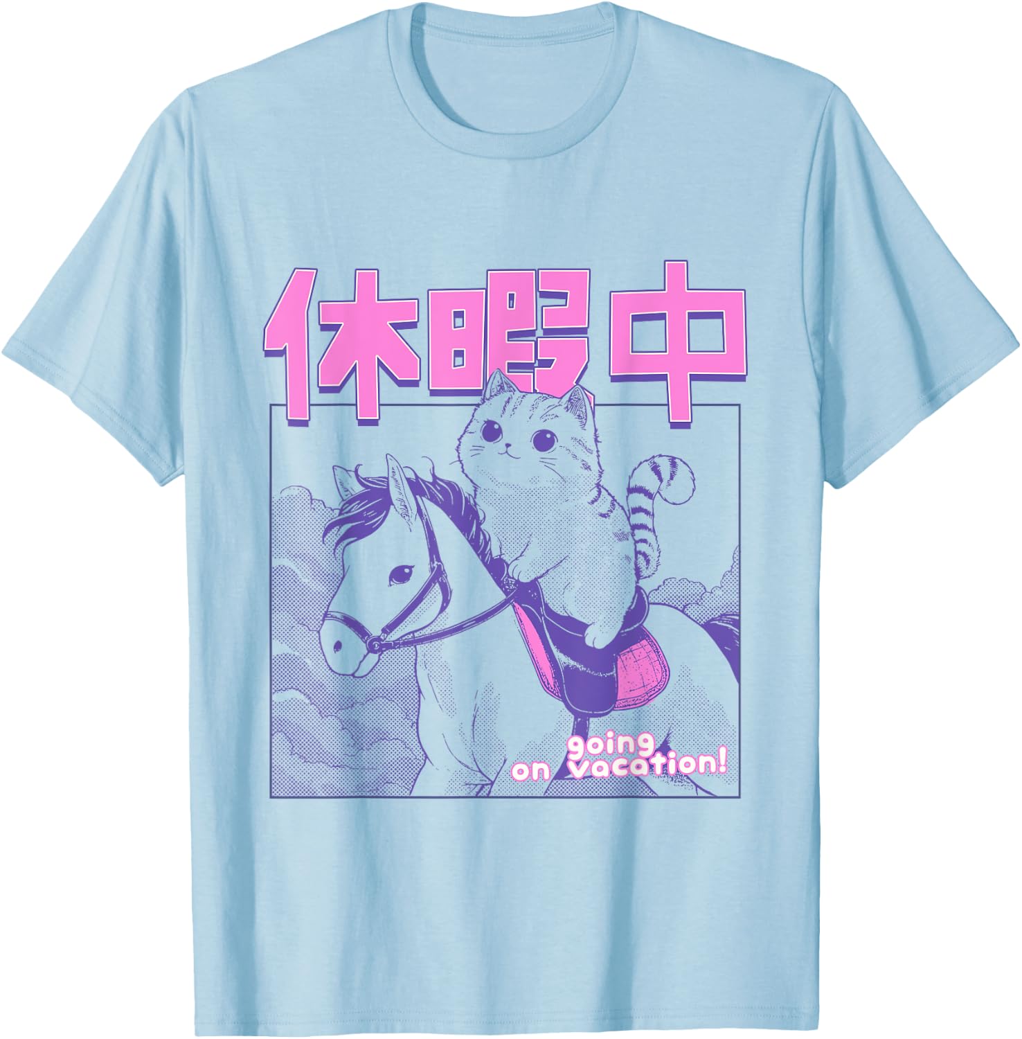 Kawaii Japanese Cat Riding Horse Vacation Anime Cat Lover Men Women Girls Kids T-Shirt - T-Shirt | Light Blue