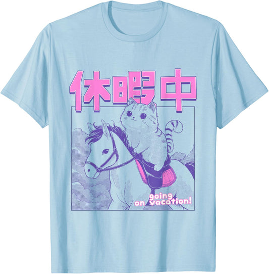 Kawaii Japanese Cat Riding Horse Vacation Anime Cat Lover Men Women Girls Kids T-Shirt - T-Shirt | Light Blue