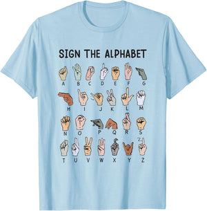 ASL American Sign Language, Alphabet Inclusive Sign ABCs T-Shirt - T-Shirt | Light Blue