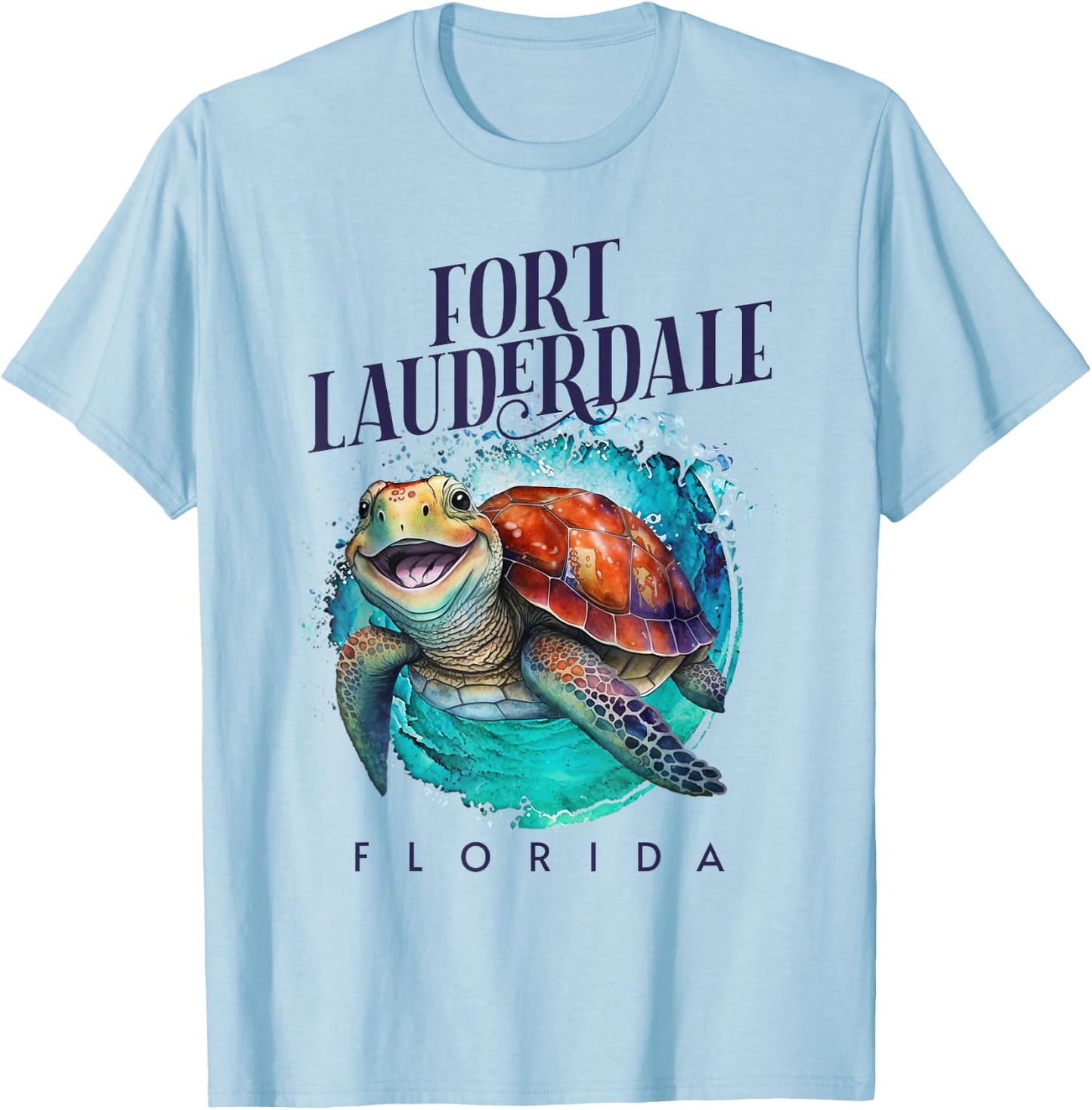 Fort Lauderdale Florida Watercolor Happy Sea Turtle T-Shirt - T-Shirt | Light Blue