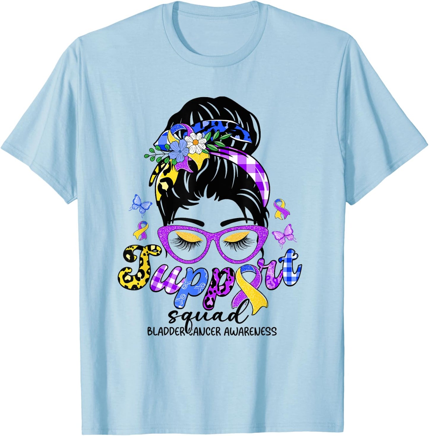 Support Squad Messy Bun Leopard Bladder Cancer Awareness T-Shirt - T-Shirt | Light Blue