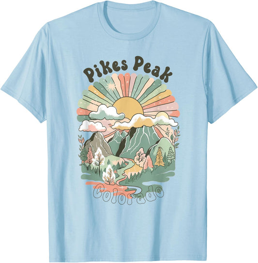 Vintage Pikes Peak Colorado Mountains Hiking Sunset Groovy T-Shirt - T-Shirt | Light Blue