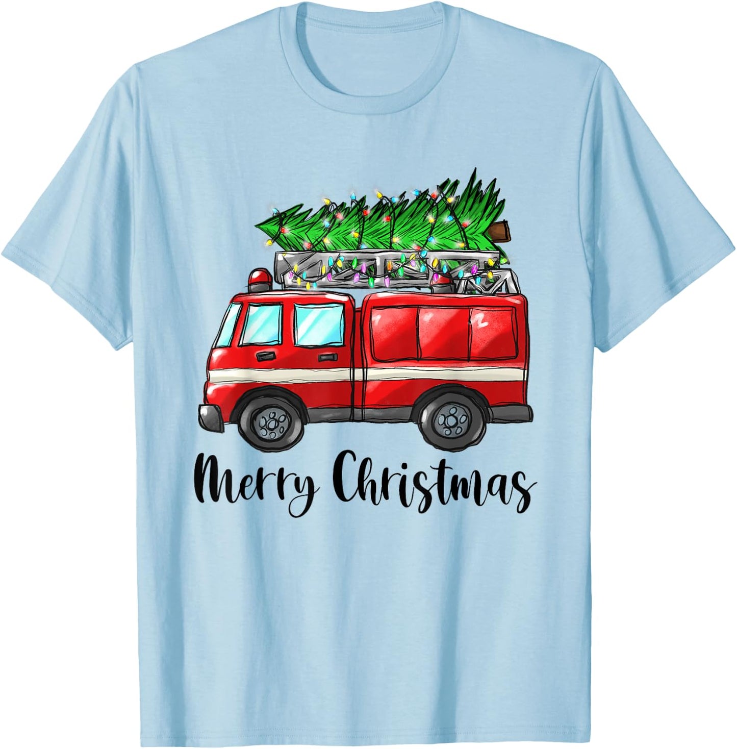 Fire Truck Christmas Tree Light Firefighter Pajama Xmas T-Shirt - T-Shirt | Light Blue