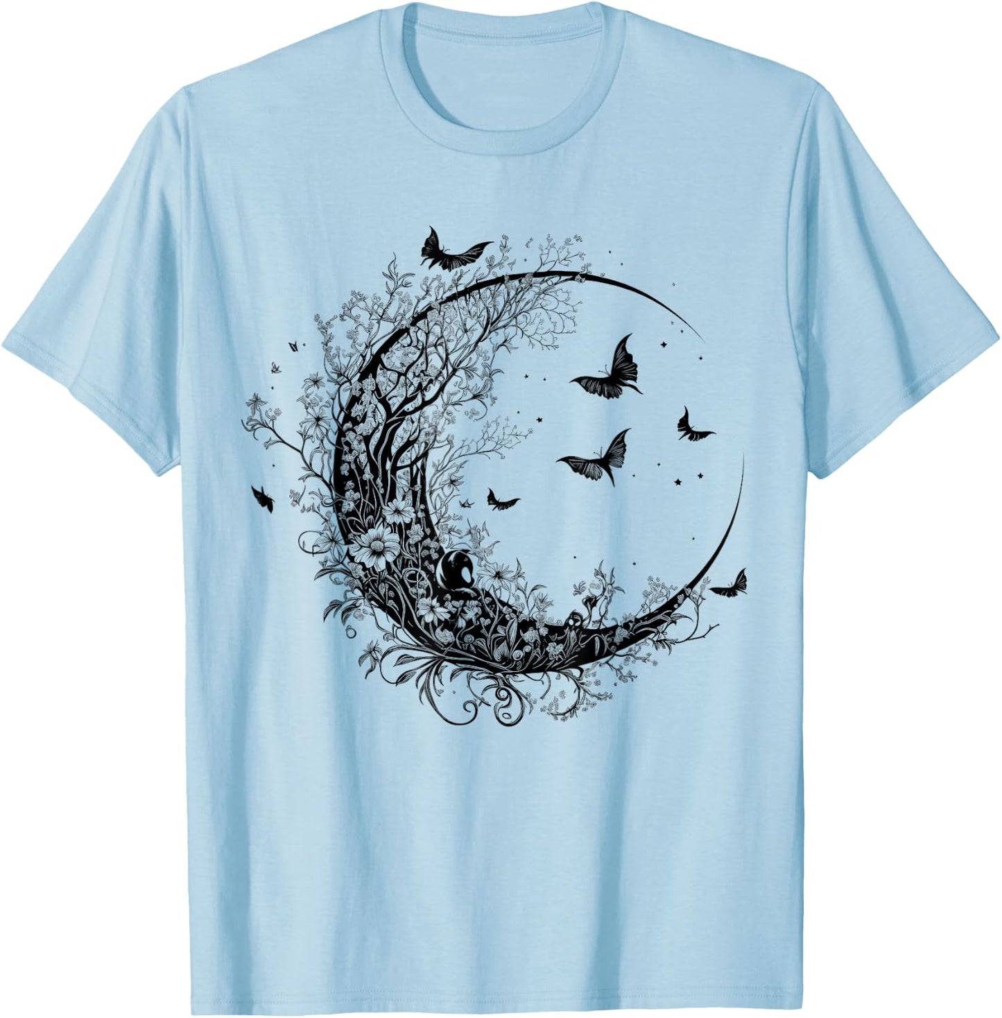 Cute Fairycore Floral Moon Aesthetic Girls Women Graphic T-Shirt - T-Shirt | Light Blue
