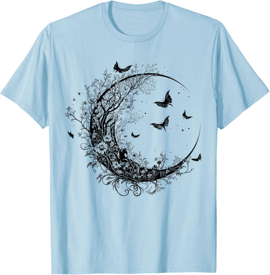 Cute Fairycore Floral Moon Aesthetic Girls Women Graphic T-Shirt - T-Shirt | Light Blue