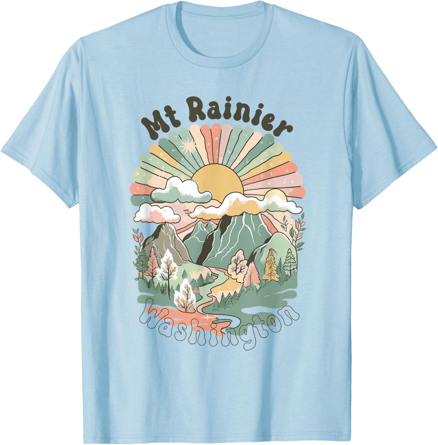 Vintage Mt Rainier Washington Mountains Hiking Sunset Groovy T-Shirt - T-Shirt | Light Blue