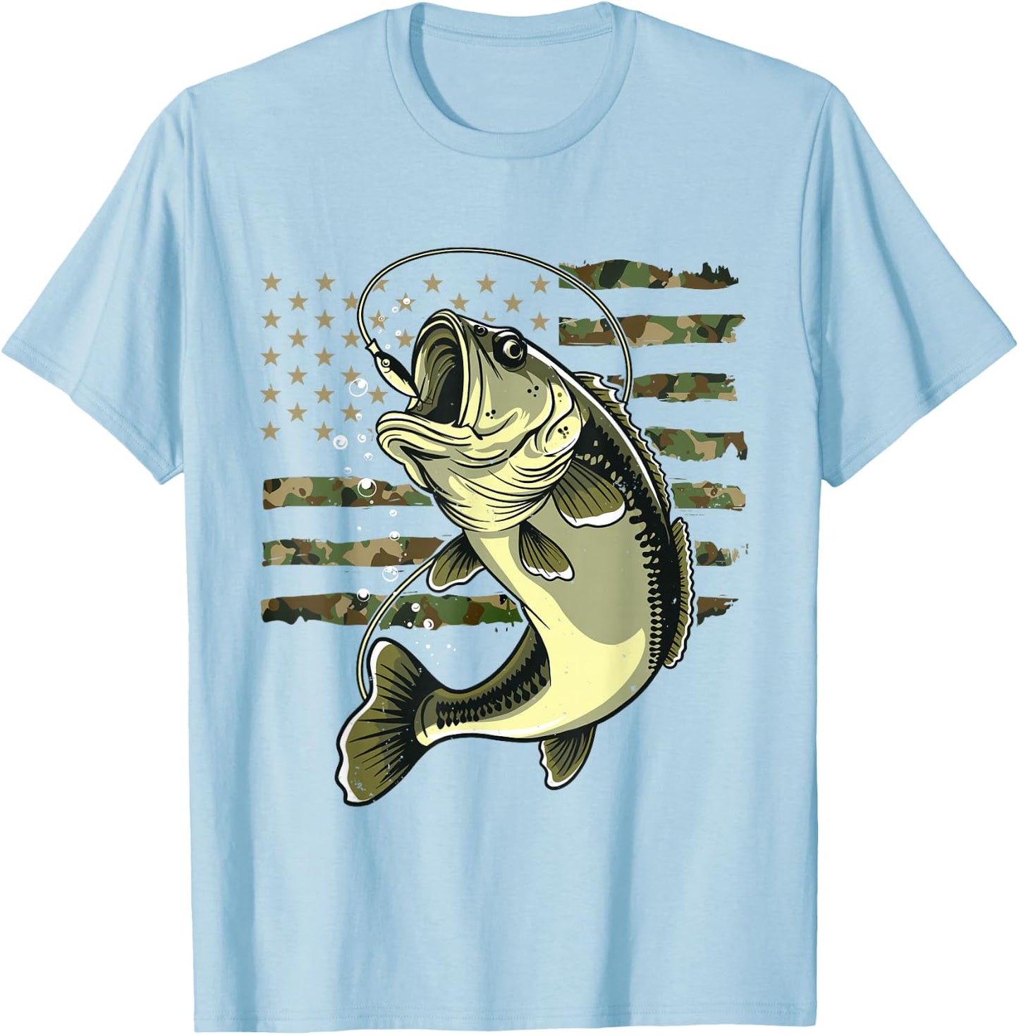 Bass Fish Fishing USA American Flag Camouflage Fisherman T-Shirt - T-Shirt | Light Blue