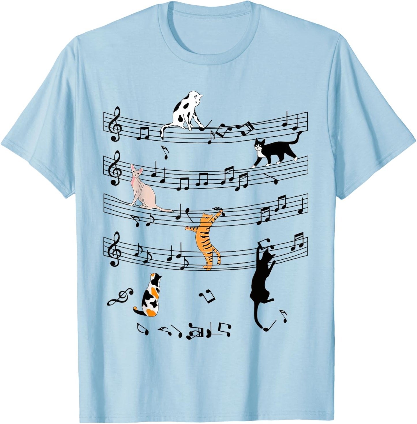 Cute Cat Kitty Playing Music Note Clef Funny Musician Art Women Kids T-Shirt - T-Shirt | Light Blue