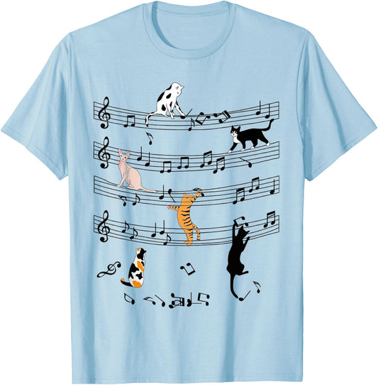 Cute Cat Kitty Playing Music Note Clef Funny Musician Art Women Kids T-Shirt - T-Shirt | Light Blue