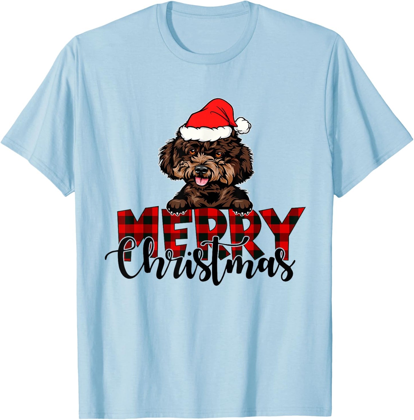 Merry Christmas Poodle Dog Christmas Red Plaid Santa Hat T-Shirt - T-Shirt | Light Blue