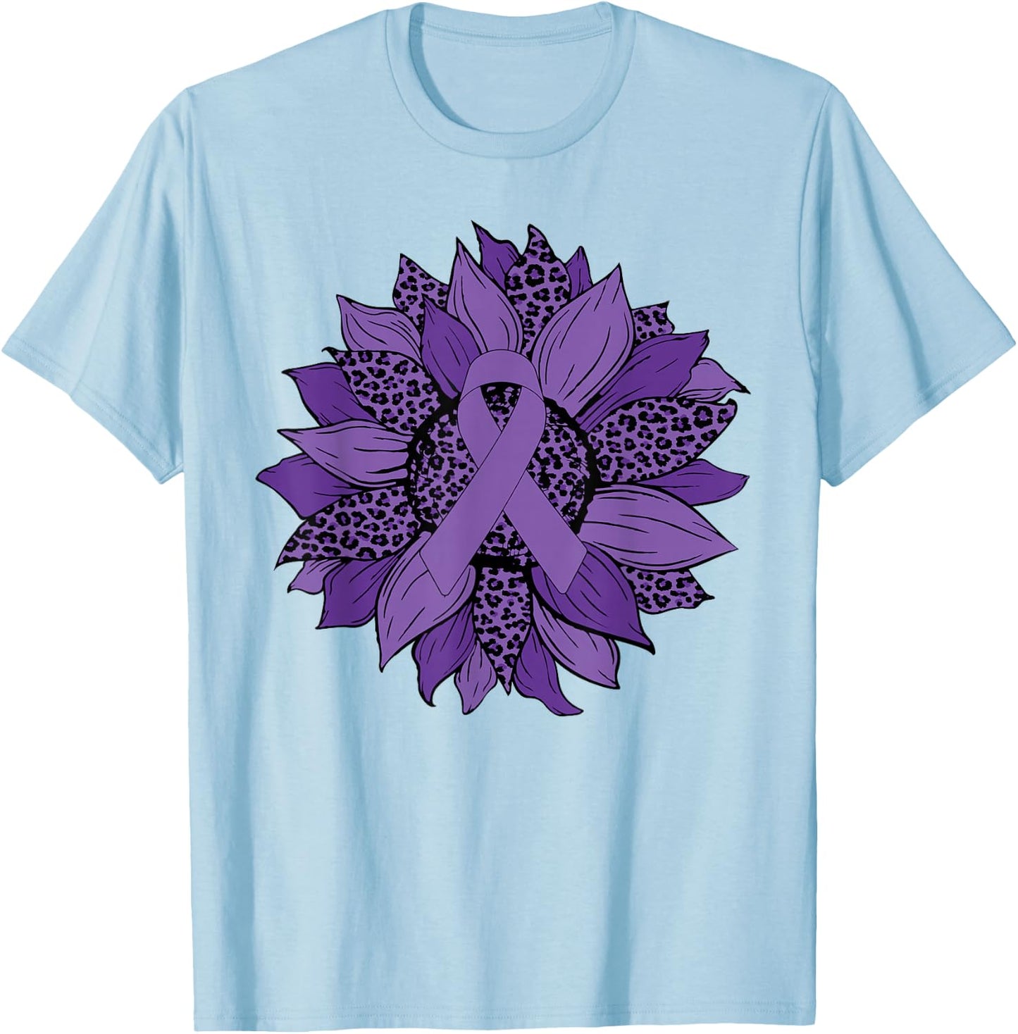 Leopard Sunflower Purple Ribbon Fibromyalgia Awareness Month T-Shirt - T-Shirt | Light Blue