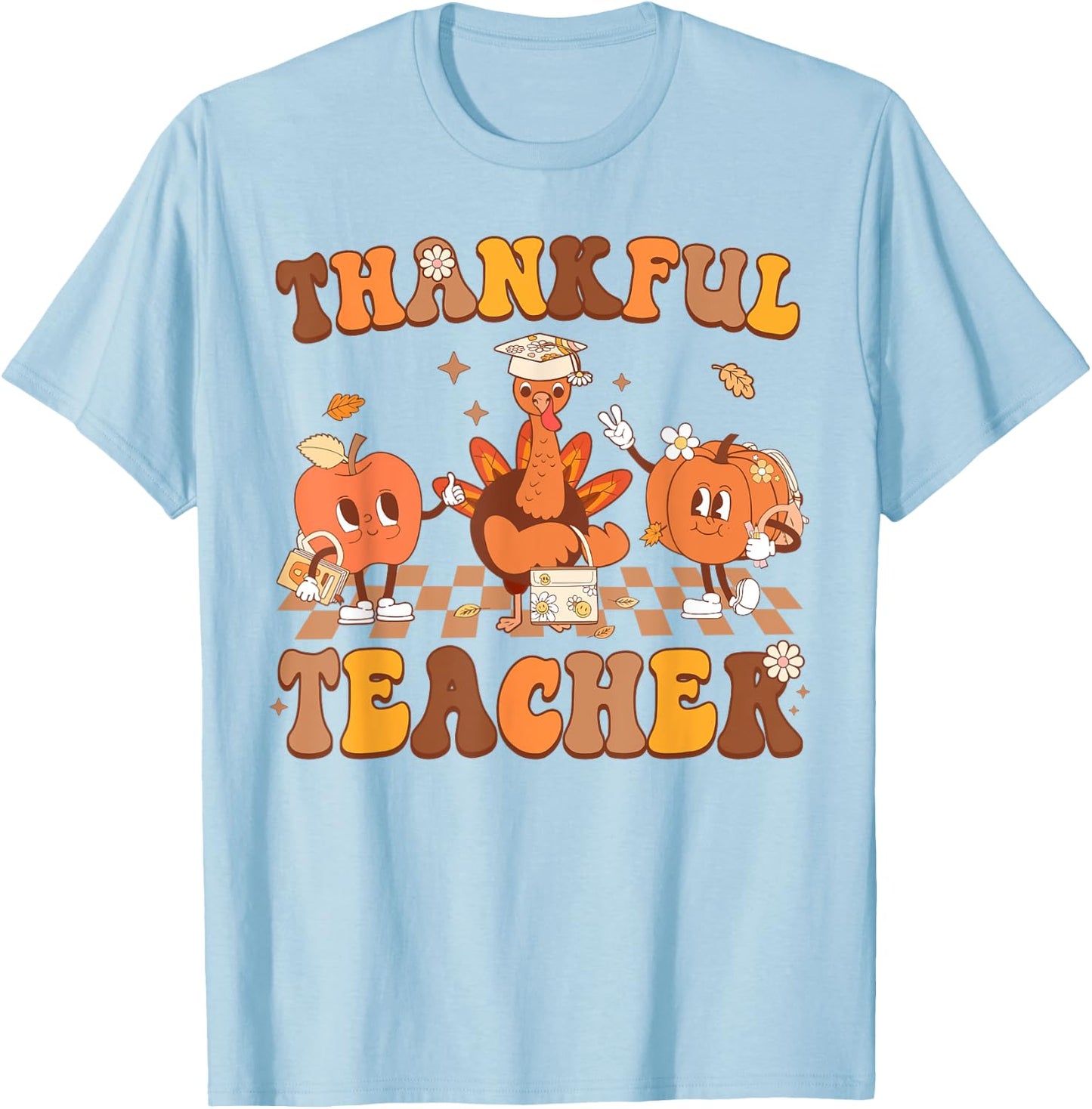 Thankful Teacher Retro Groovy Thanksgiving Fall Women Men T-Shirt - T-Shirt | Light Blue