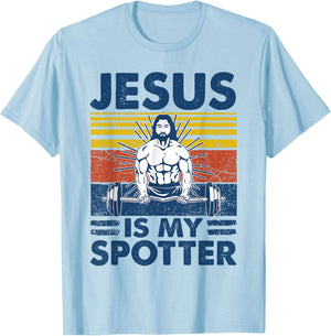 Jesus Is My Spotter Funny Christian Weightlifting Gym T-Shirt - T-Shirt | Light Blue