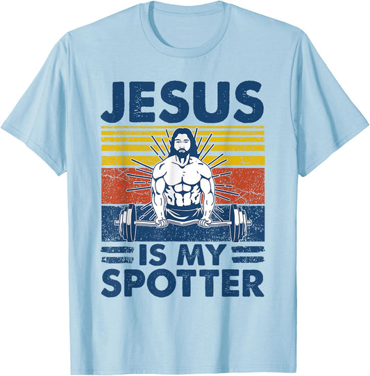 Jesus Is My Spotter Funny Christian Weightlifting Gym T-Shirt - T-Shirt | Light Blue