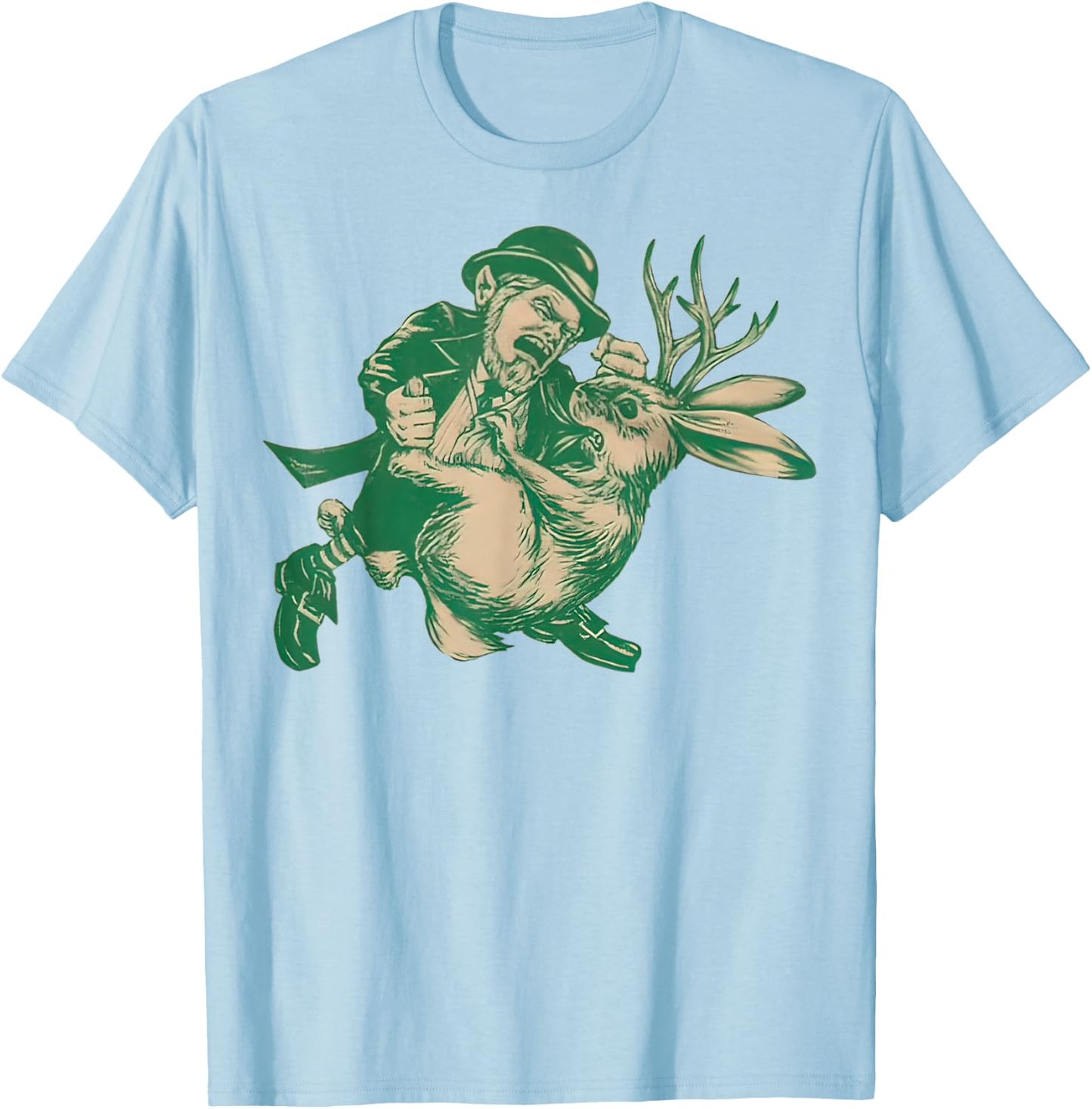 LEPRECHAUN Fighting JACKALOPE Funny Mythological Beasts T-Shirt - T-Shirt | Light Blue