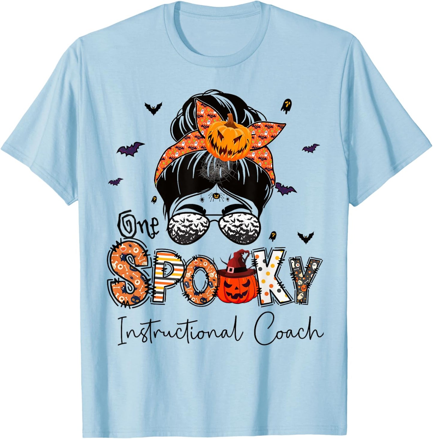 One Spooky Instructional Coach Messy Bun Women Halloween T-Shirt - T-Shirt | Light Blue