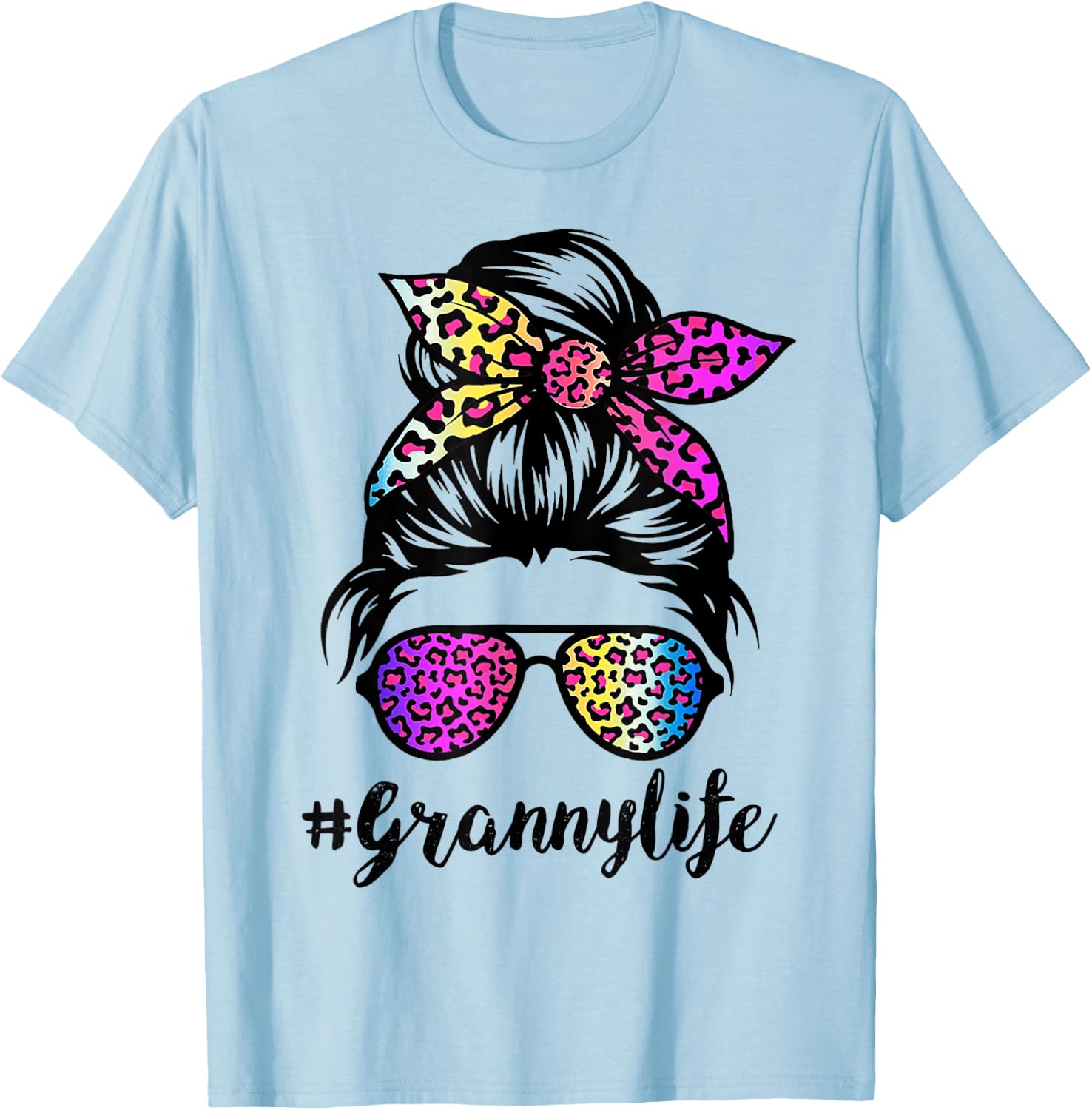 Granny life with Rainbow Leopard Messy Bun Mother's Day T-Shirt - T-Shirt | Light Blue