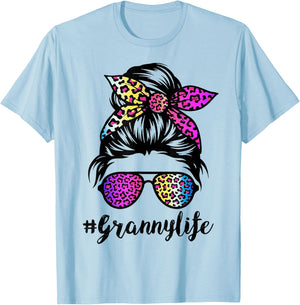 Granny life with Rainbow Leopard Messy Bun Mother's Day T-Shirt - T-Shirt | Light Blue