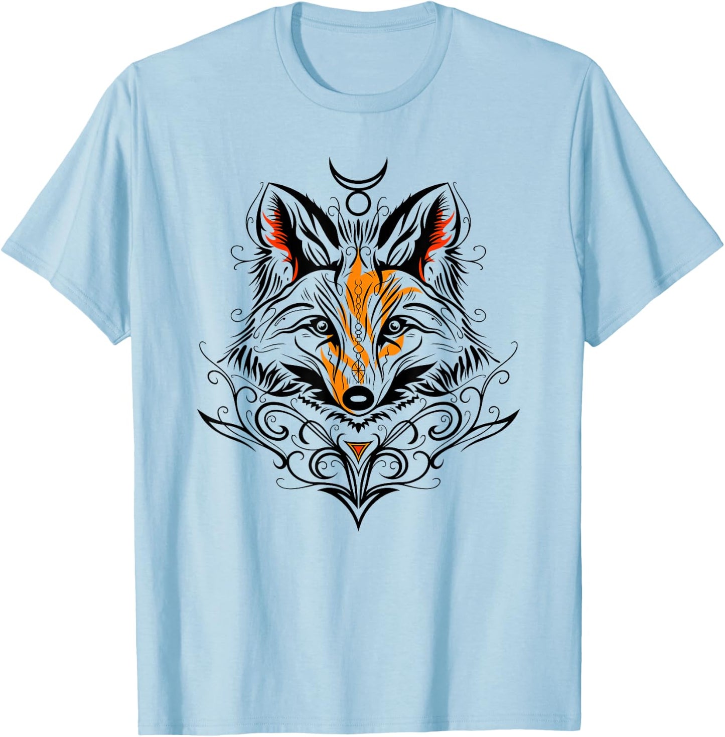 Occult Fox with Tribal Tattoo Fox with Fire and God Symbol T-Shirt - T-Shirt | Light Blue