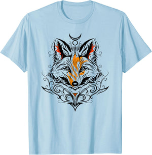 Occult Fox with Tribal Tattoo Fox with Fire and God Symbol T-Shirt - T-Shirt | Light Blue