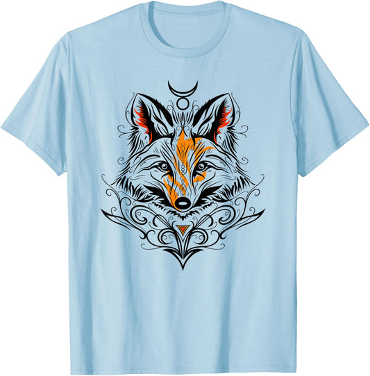 Occult Fox with Tribal Tattoo Fox with Fire and God Symbol T-Shirt - T-Shirt | Light Blue