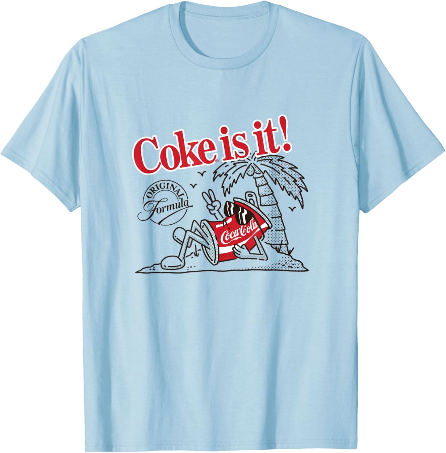 Coca-Cola Original Formula Coke Is It! Beach Retro Cartoon T-Shirt - T-Shirt | Light Blue