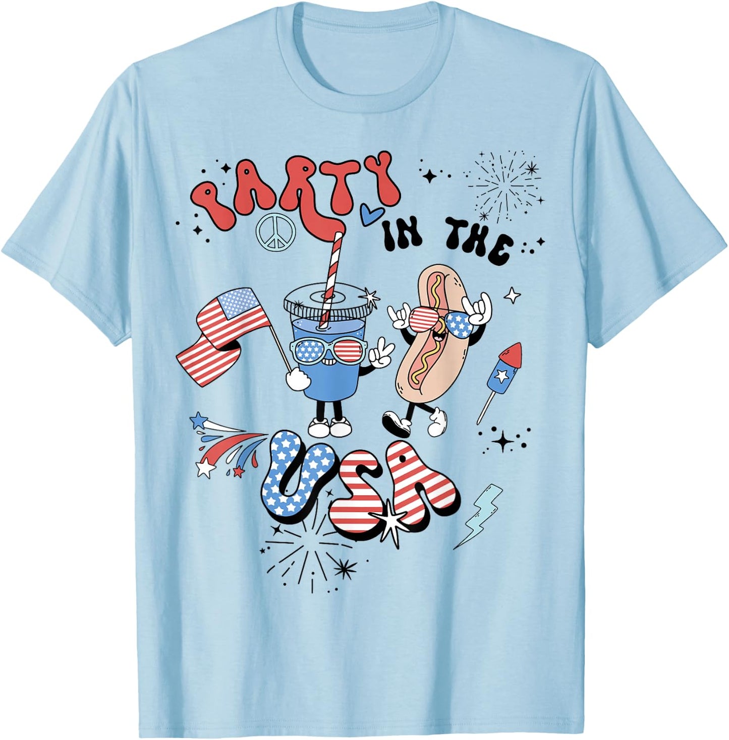 Retro Party In The USA Flag Groovy 4th Of July Patriotic T-Shirt - T-Shirt | Light Blue