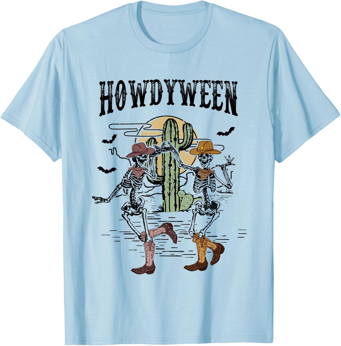 Howdy Retro Desert Dancing Skeleton Cowboy Boots Hat Western T-Shirt - T-Shirt | Light Blue