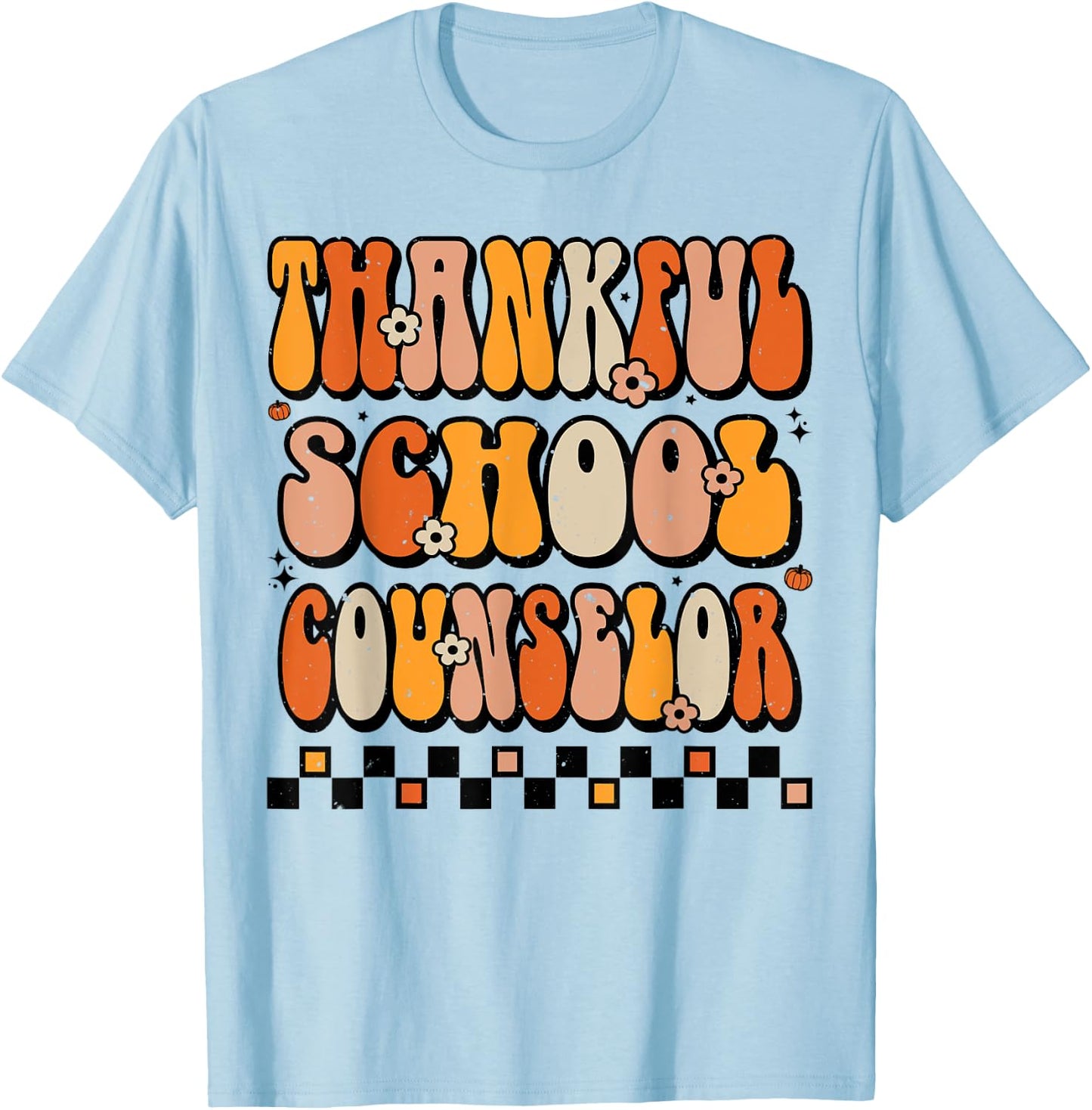 Thankful School Counselor Groovy Thanksgiving Counselor T-Shirt - T-Shirt | Light Blue