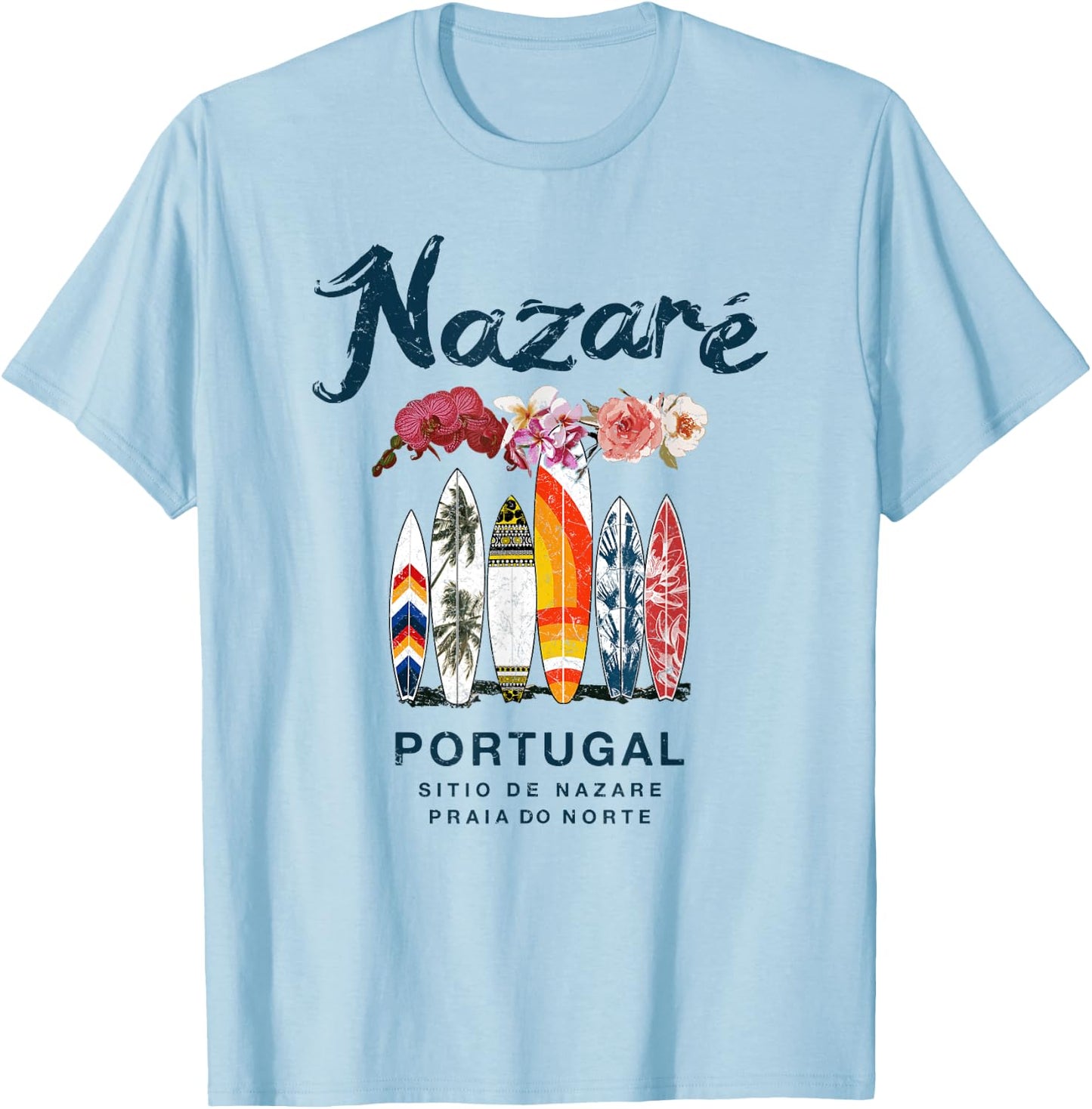 Nazare Portugal Vintage Surfing T-Shirt - T-Shirt | Light Blue