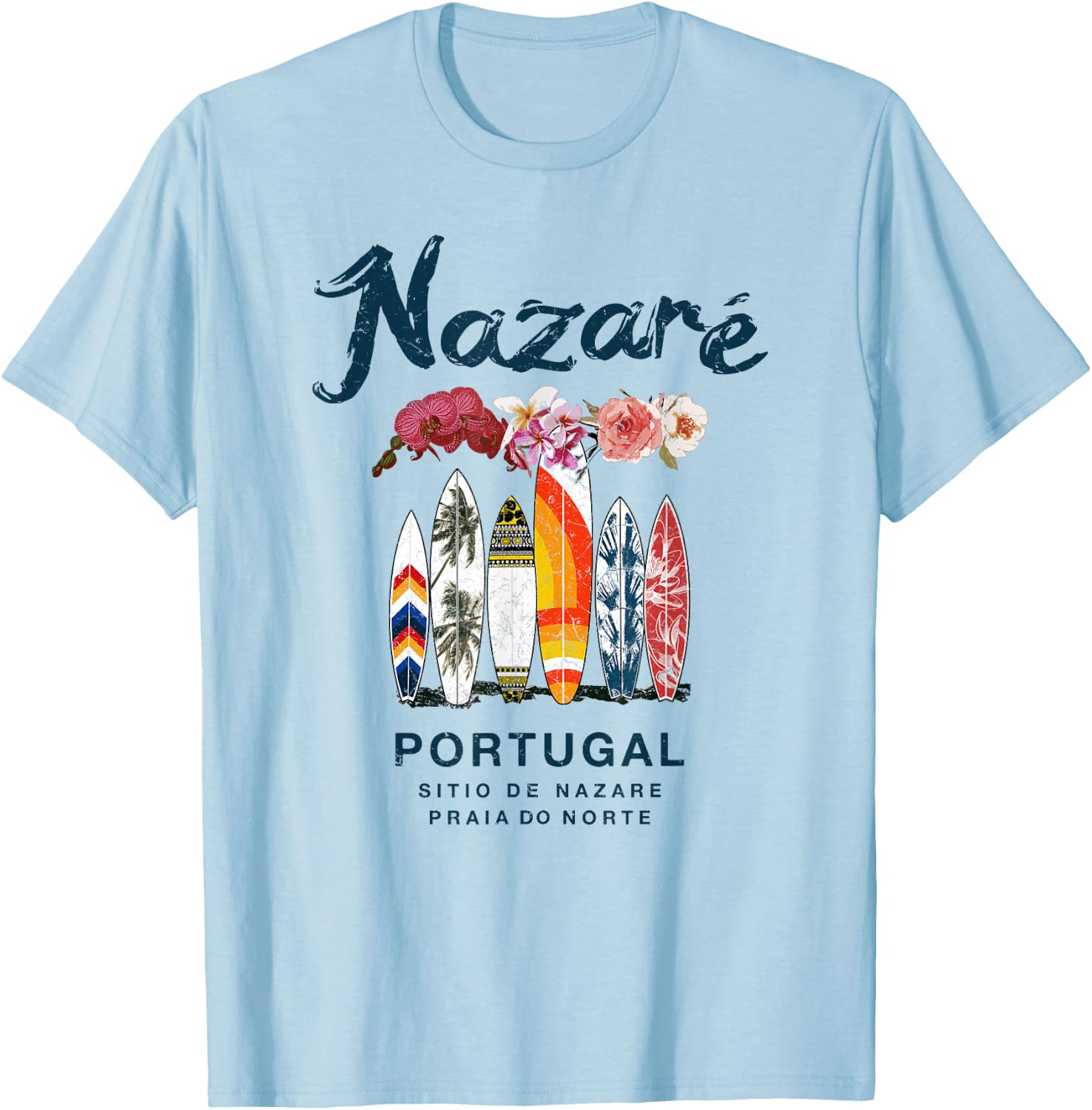 Nazare Portugal Vintage Surfing T-Shirt - T-Shirt | Light Blue