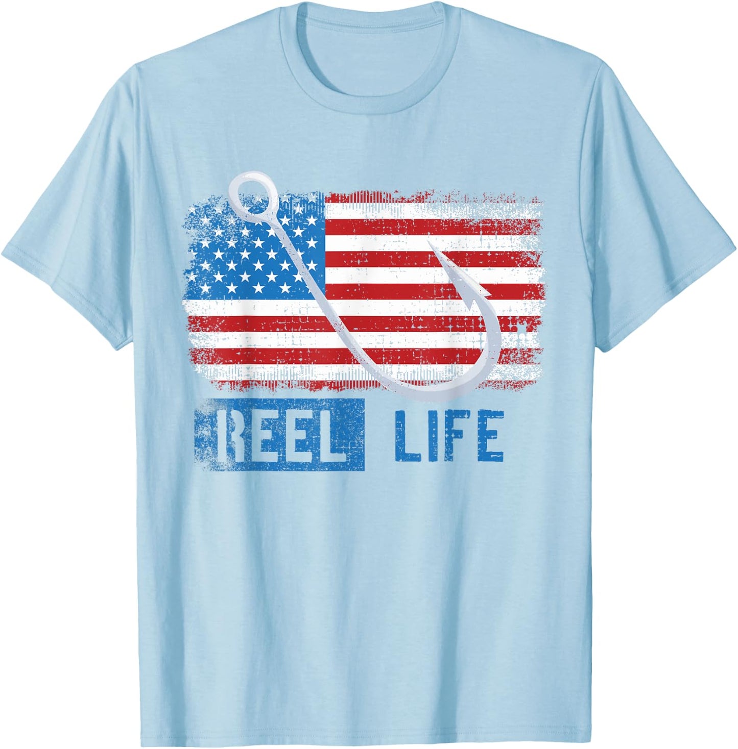 Grunge American Flag Fisherman Graphic, Fishing Reel Life T-Shirt - T-Shirt | Light Blue