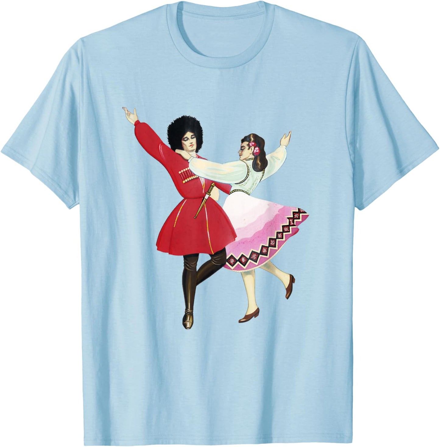 Antique Watercolor Drawing Folk Dancing Russian Cossacks T-Shirt - T-Shirt | Light Blue