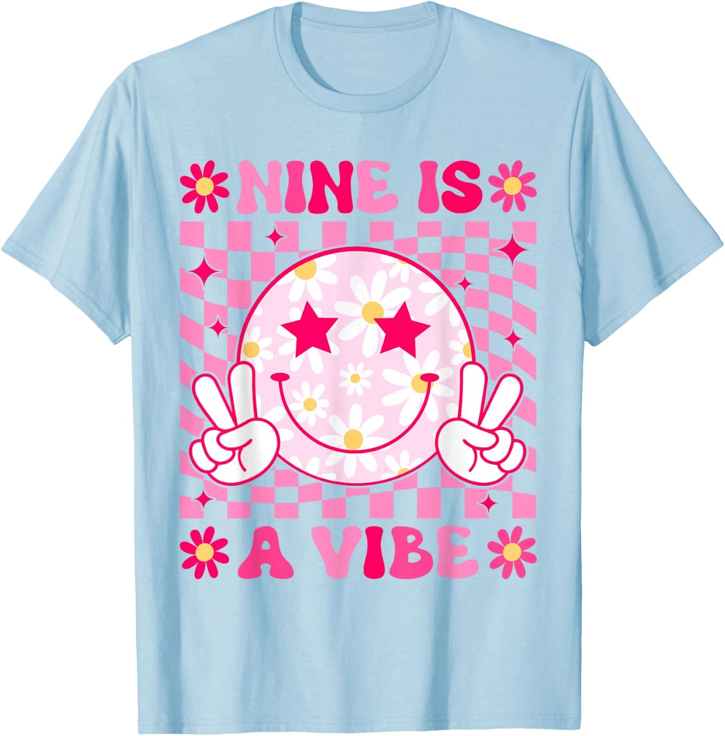 Nine is A Vibe Birthday Groovy 9 Year Old Girls 9th Birthday T-Shirt - T-Shirt | Light Blue