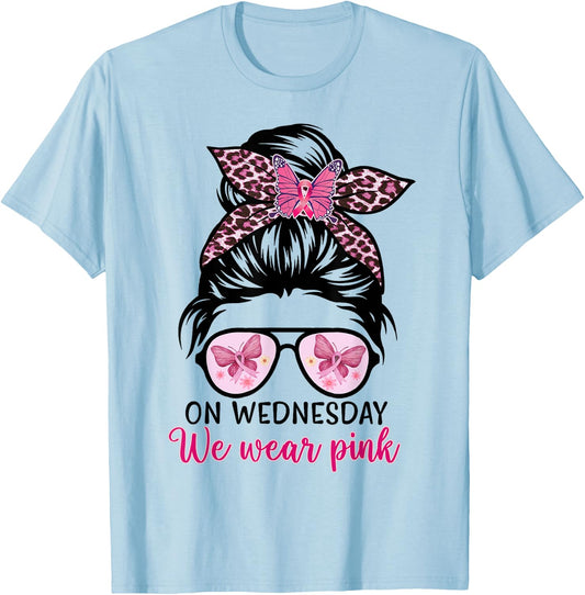 On Wednesday We Wear Pink Messy Bun, Leopard Breast Cancer T-Shirt - T-Shirt | Light Blue