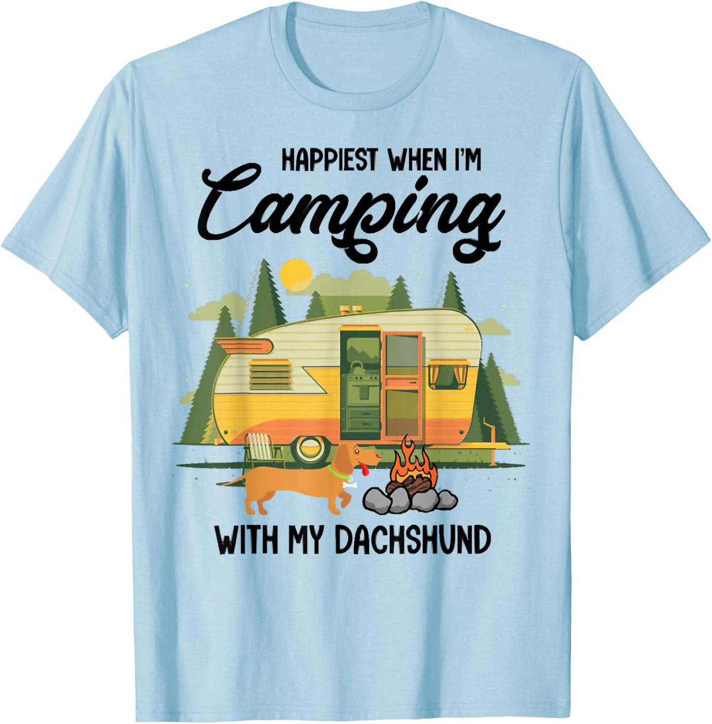 Happiest When I Camping With My Dachshund, Dog Pet Lover T-Shirt - T-Shirt | Light Blue