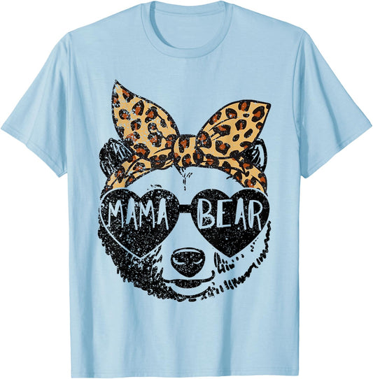 Mama Bear Face Sunglasses Leopard Print Mother's Day T-Shirt - T-Shirt | Light Blue