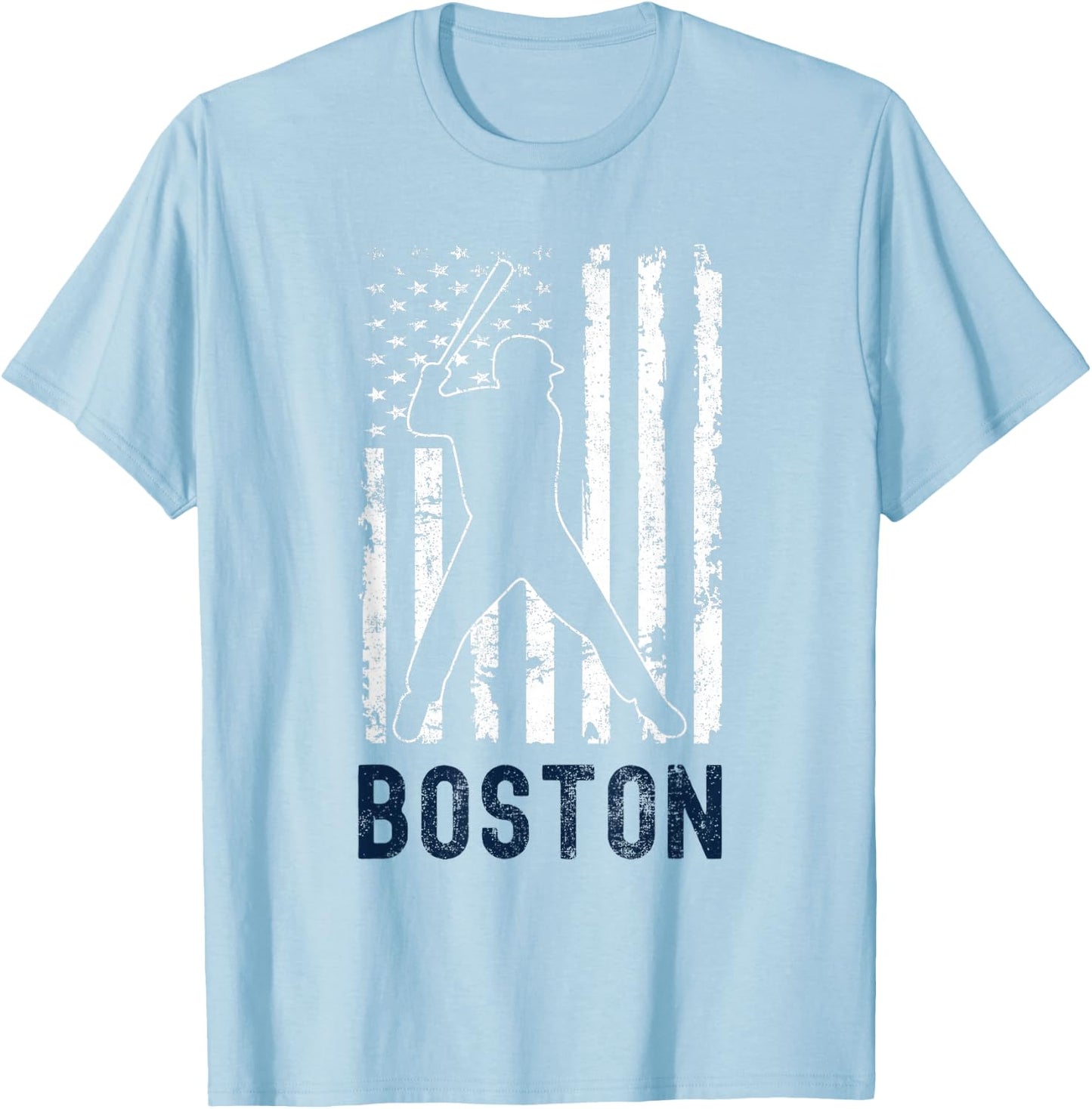 Boston Massachusetts American Flag Baseball Weathered T-Shirt - T-Shirt | Light Blue