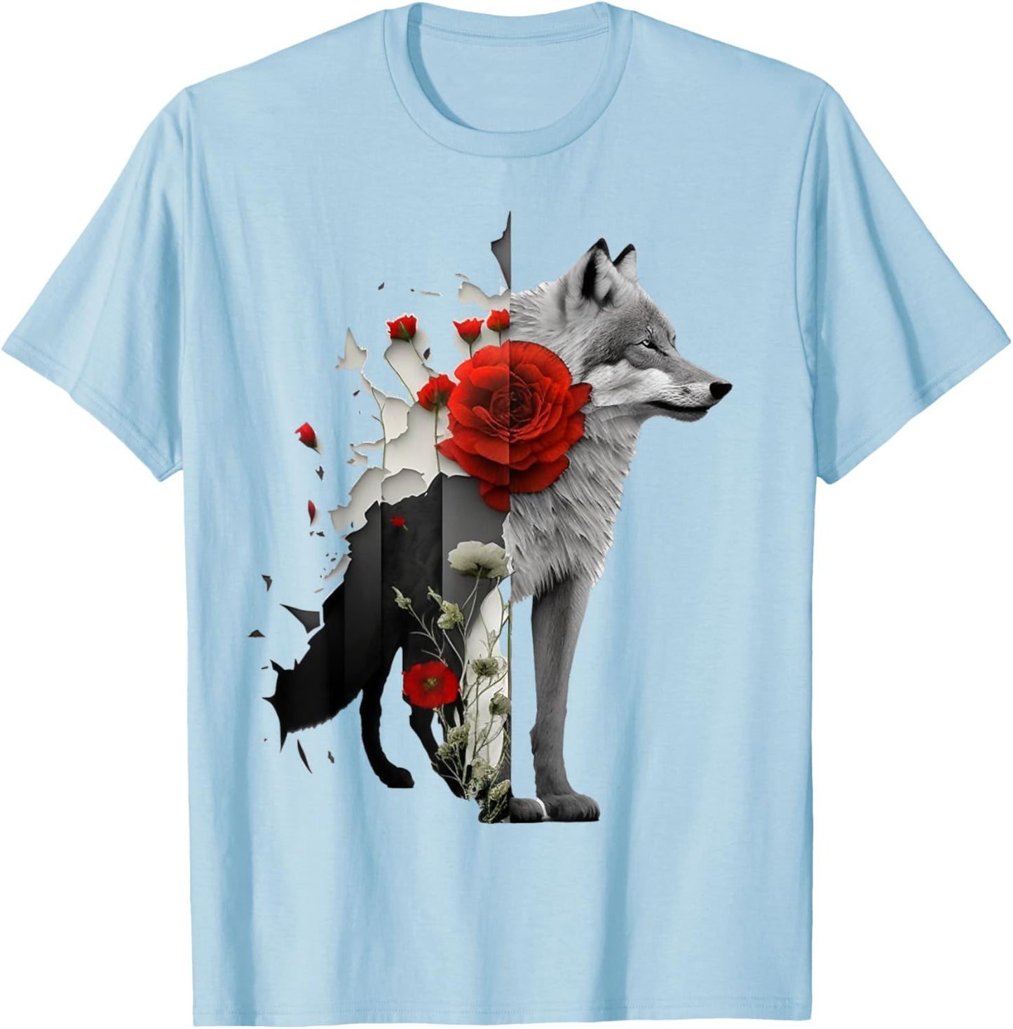 Wolf Rose Flower Animal Motif Art Animal Print Art T-Shirt - T-Shirt | Light Blue