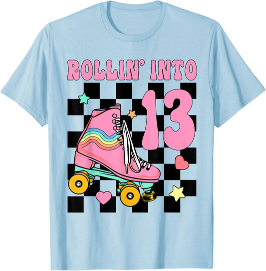 Rolling Into 13 Years Old Roller Skating Girl 13th Birthday T-Shirt - T-Shirt | Light Blue