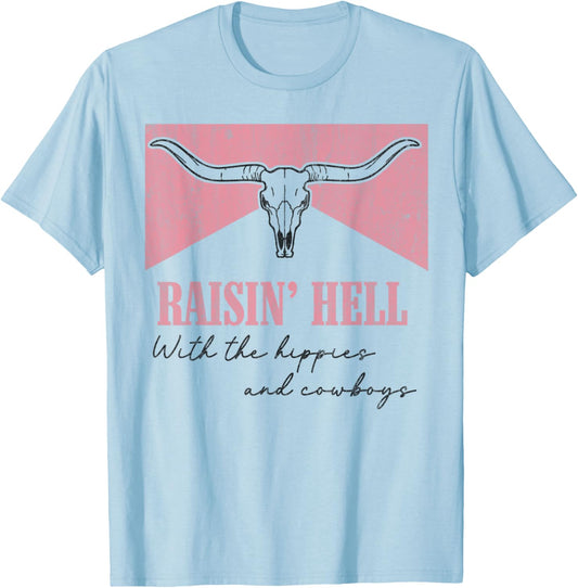 Vintage Raisin' Hell With The Hippies And Cowboys Bull Skull T-Shirt - T-Shirt | Light Blue