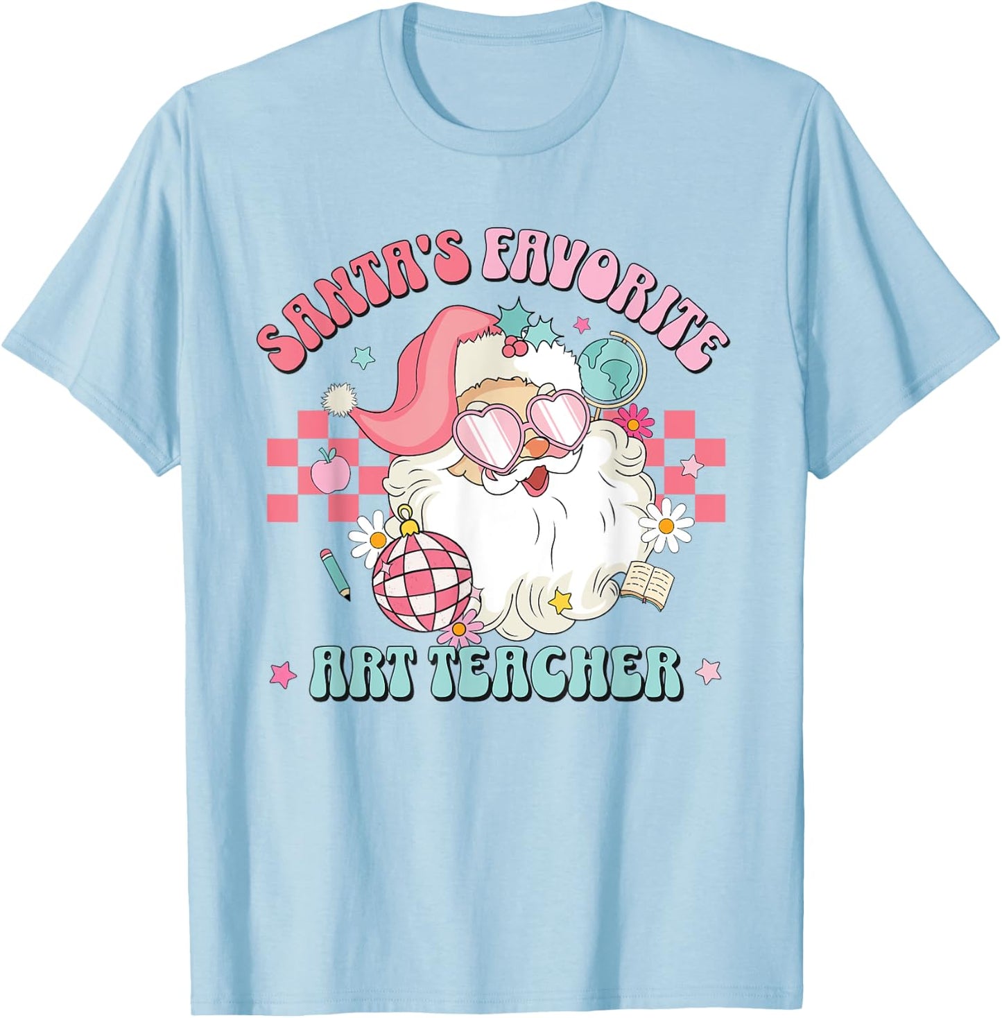 Retro Pink Christmas Santa's Favorite Art Teacher Artist T-Shirt - T-Shirt | Light Blue