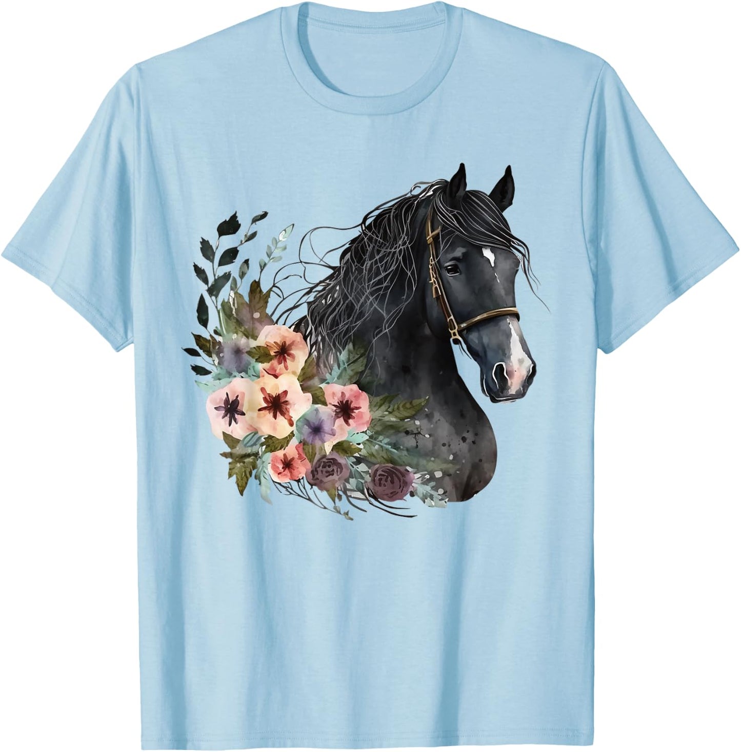 Horse Head Watercolor Equestrian Horse With Flowers T-Shirt - T-Shirt | Light Blue
