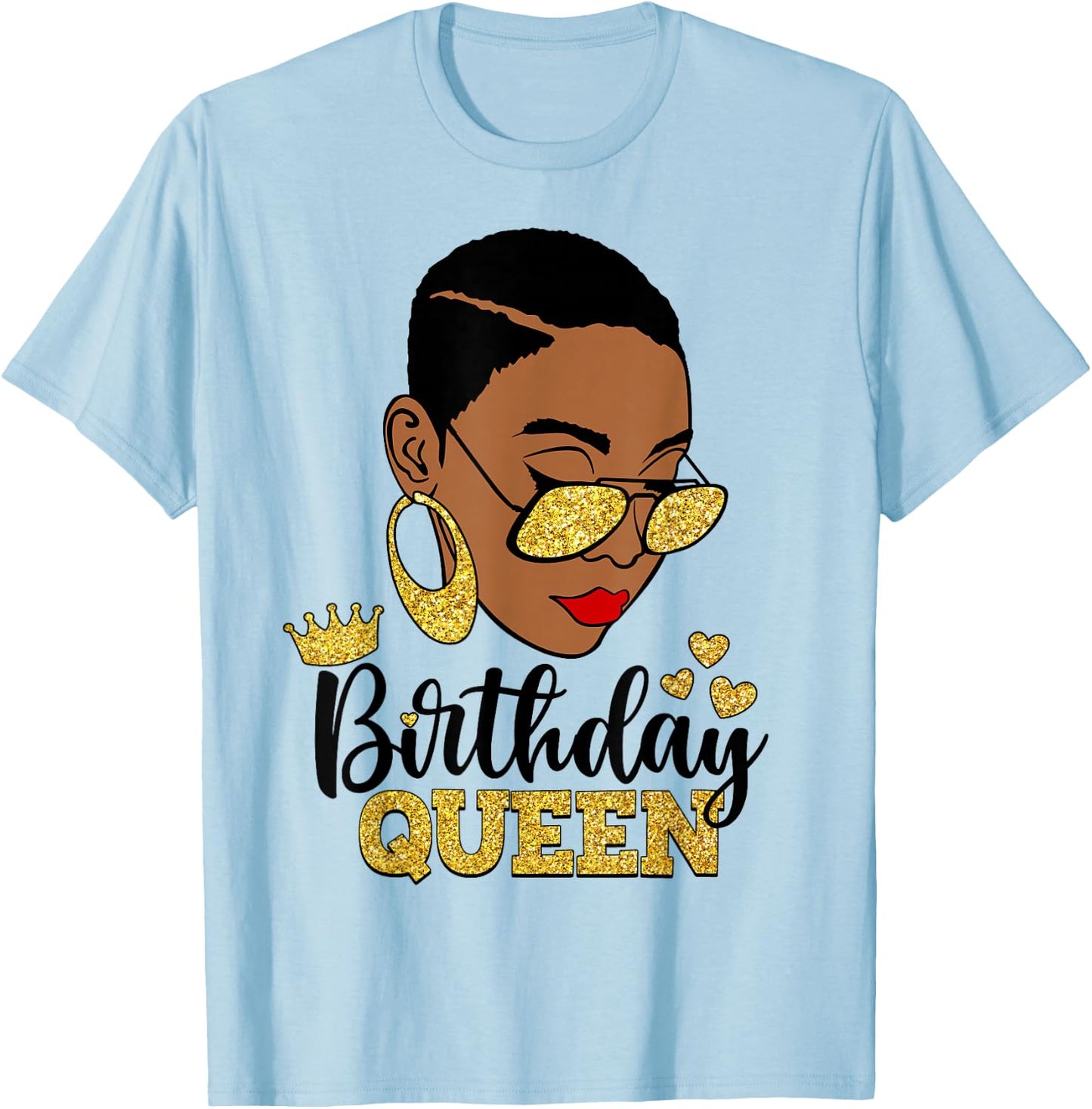 Birthday Queen Short Hair African American Black Woman T-Shirt - T-Shirt | Light Blue