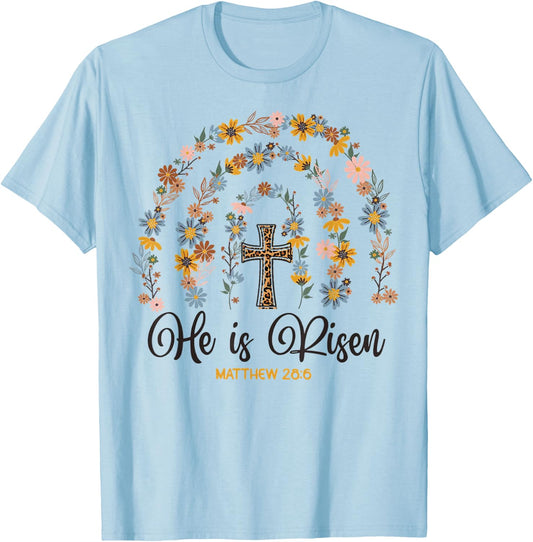He is Risen Jesus Christian Happy Easter Day Floral Rainbow T-Shirt - T-Shirt | Light Blue