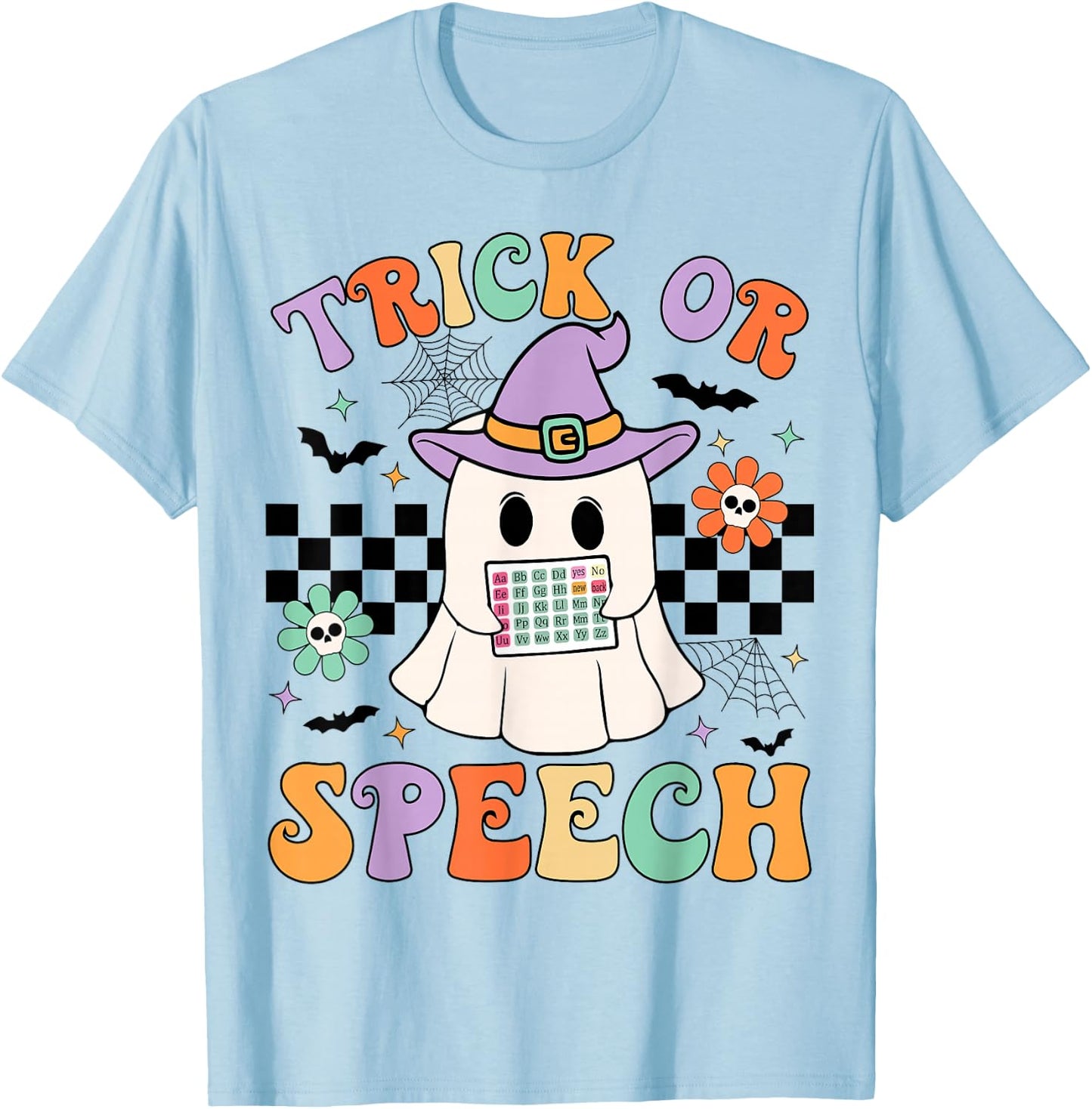Trick or Speech Retro SLP Halloween Speech Therapy Halloween T-Shirt - T-Shirt | Light Blue