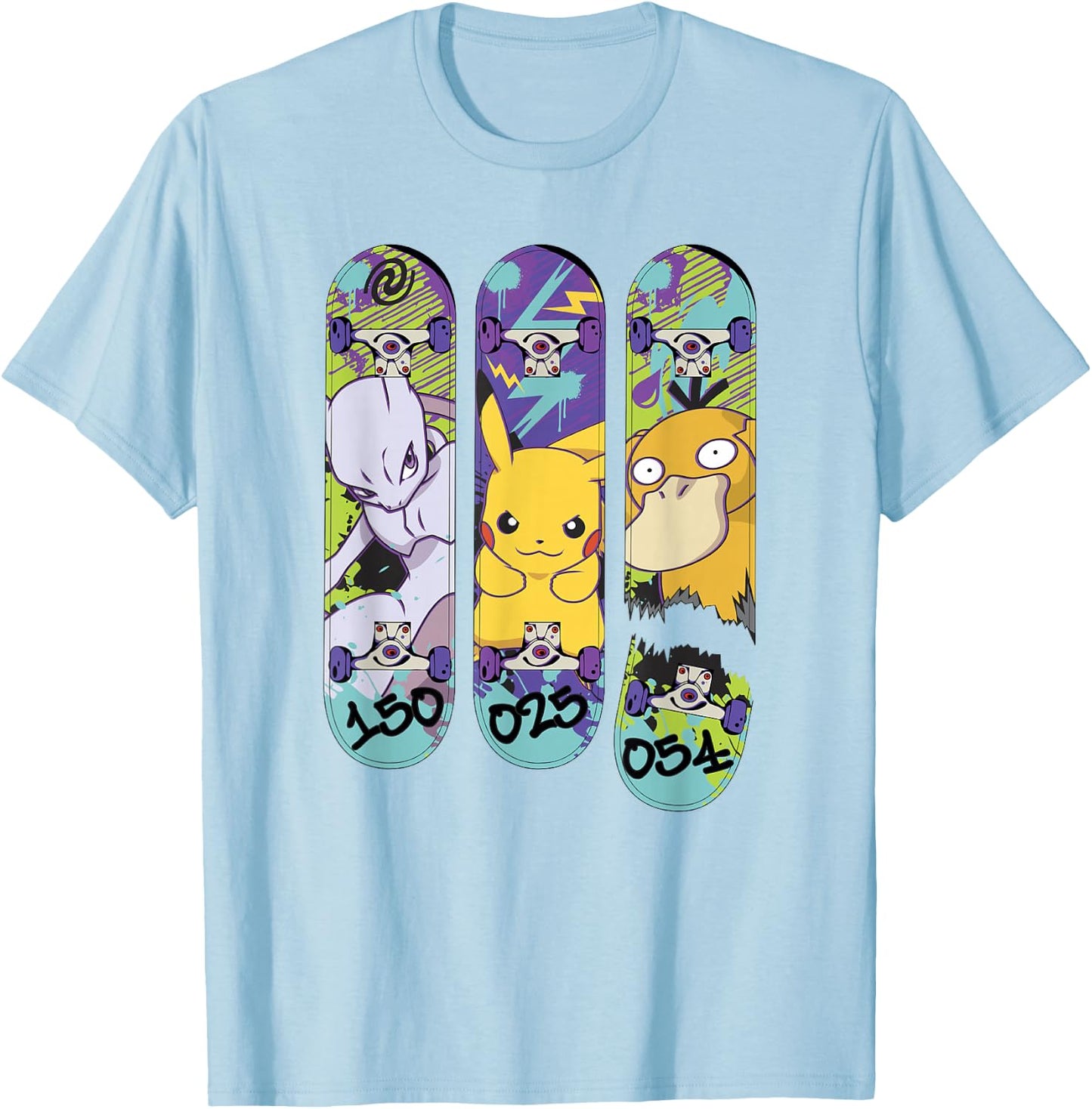 Pokémon Mewtwo Pikachu Psyduck Generation 1 Skateboards T-Shirt - T-Shirt | Light Blue