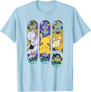 Pokémon Mewtwo Pikachu Psyduck Generation 1 Skateboards T-Shirt - T-Shirt | Light Blue